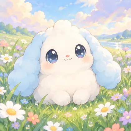 Puffbun duduk di padang bunga