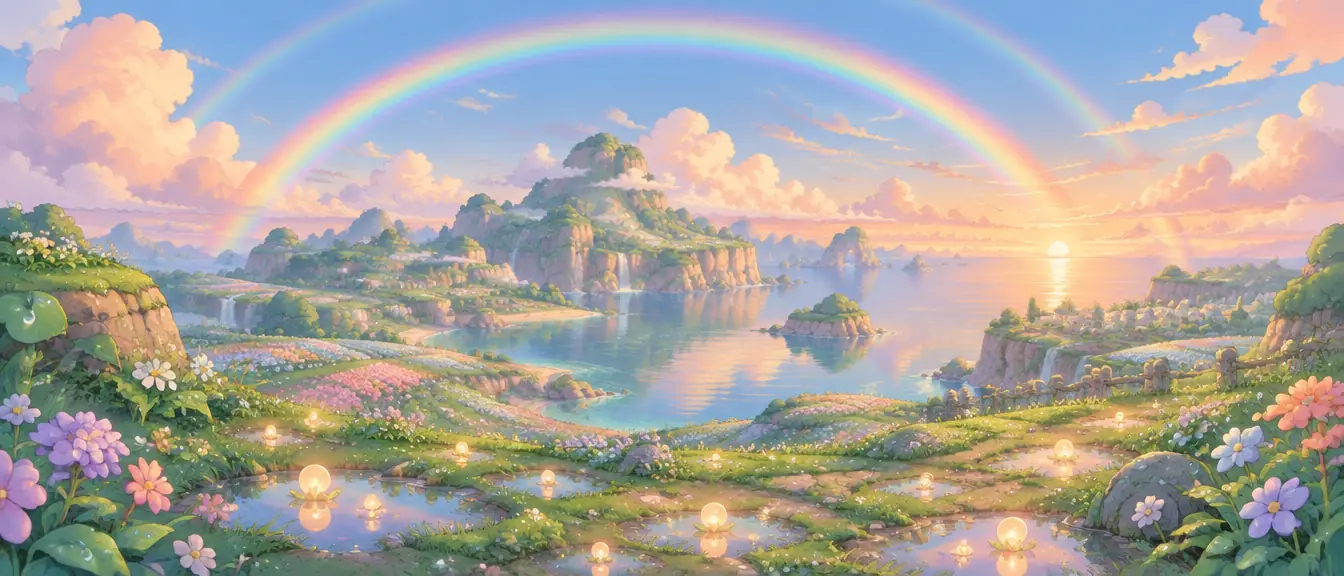 Pelangi ganda melengkung di atas Drizzle Isles saat senja, dengan titik-titik cahaya menetas dari genangan